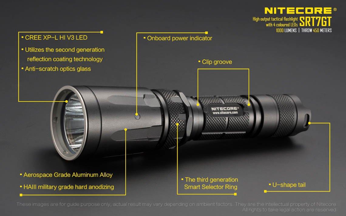 Nitecore SRT7GT 1000 Lumen Multi-Color LED Tactical Flashlight /& Battery Bundle