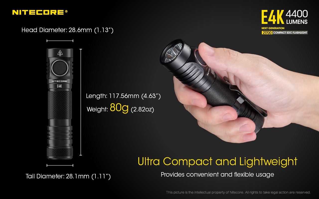 NITECORE  E4K-XP-L2-V6 LED 4400 Lumens EDC Flashlight with 21700 Battery for sale online