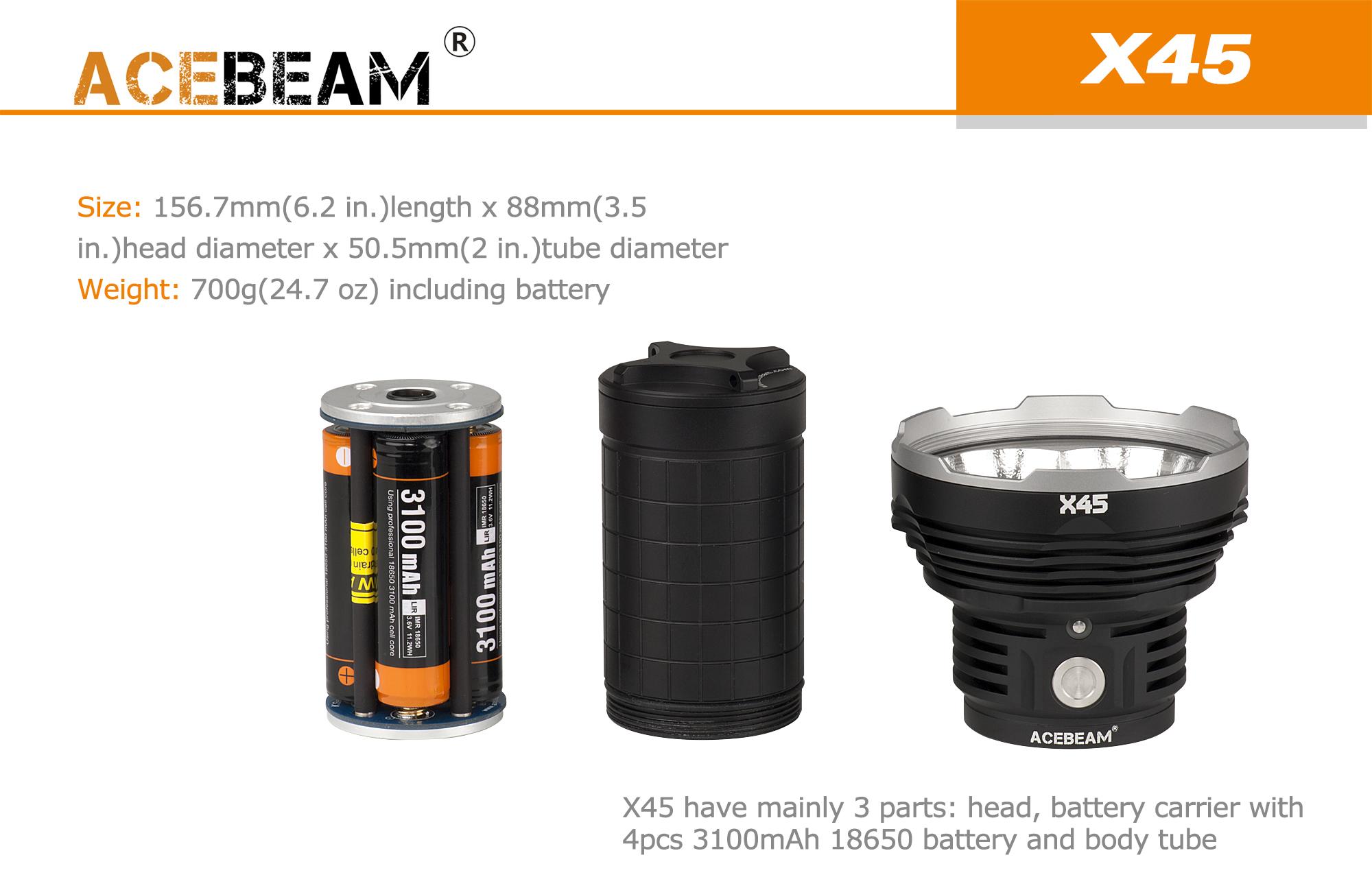 thumbnail image 2 of Acebeam K70 Flashlight – XHP35 HI LED, 2600 Lumens – With I4 Charger & 4x NL183 Batteries 2 of 5